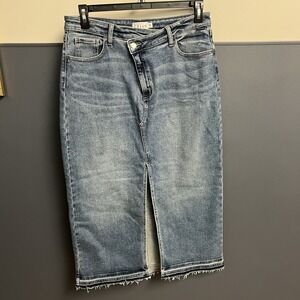 Cello Long Skirt Womens XL Denim‎ Front Slit Zip Fly 90s Midi Distressed